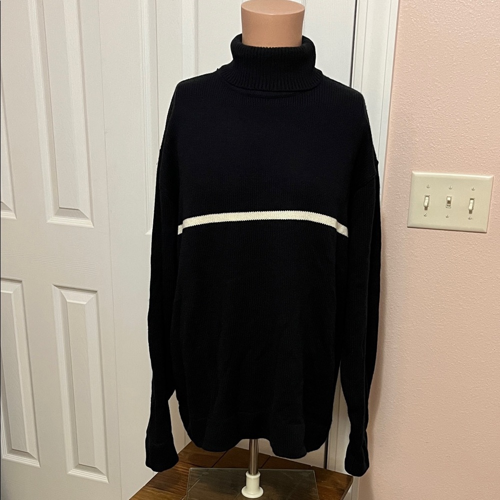 Carbon Black Turtleneck Sweater with White Stripe